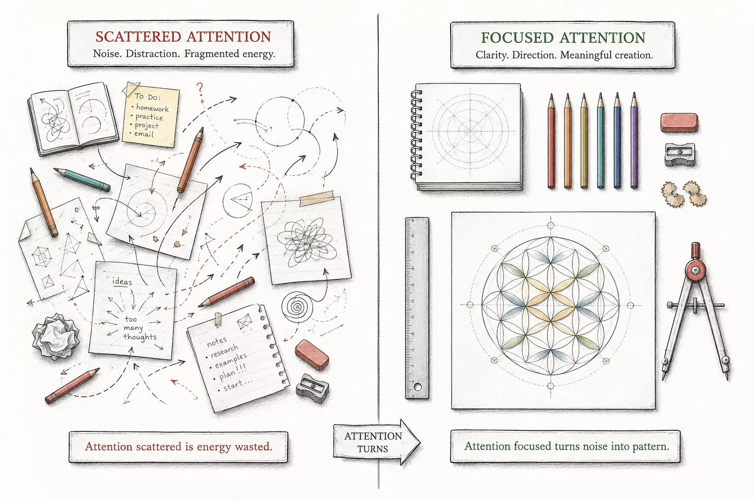 A sketchbook-style illustration showing scattered attention transforming into calm focused pattern-making
