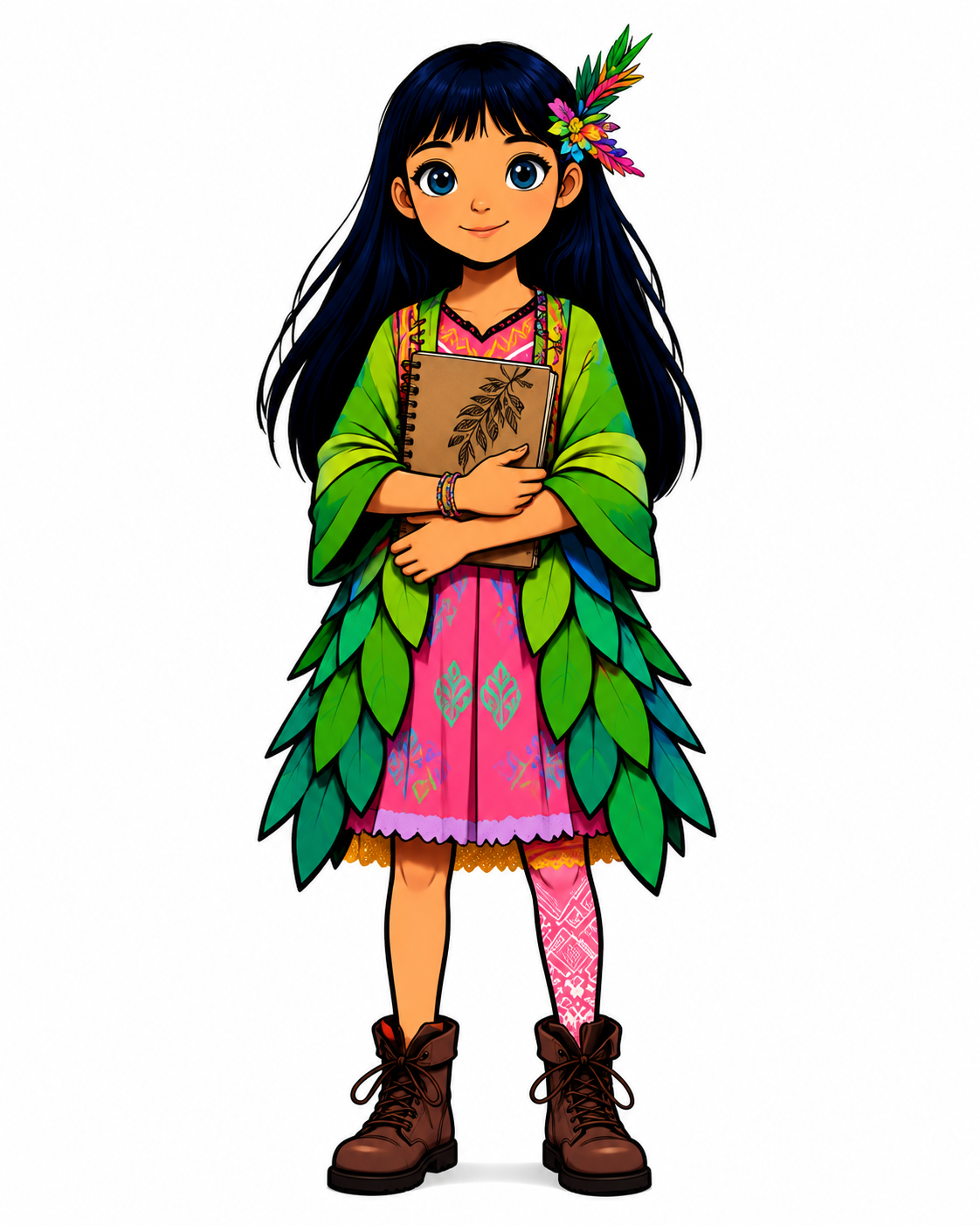 Lyra holding her sketchbook at the gate of Sacred Geometry School