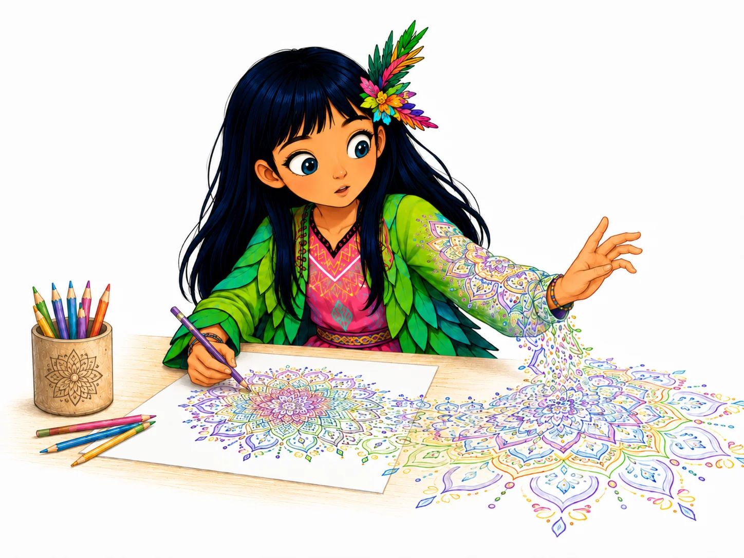 Lyra with a mandala pattern spreading beyond the page