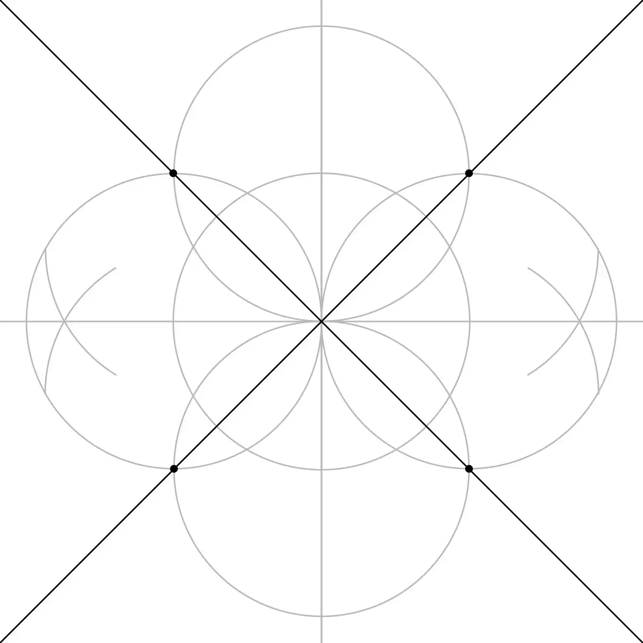 Diagonal guide lines drawn through the construction