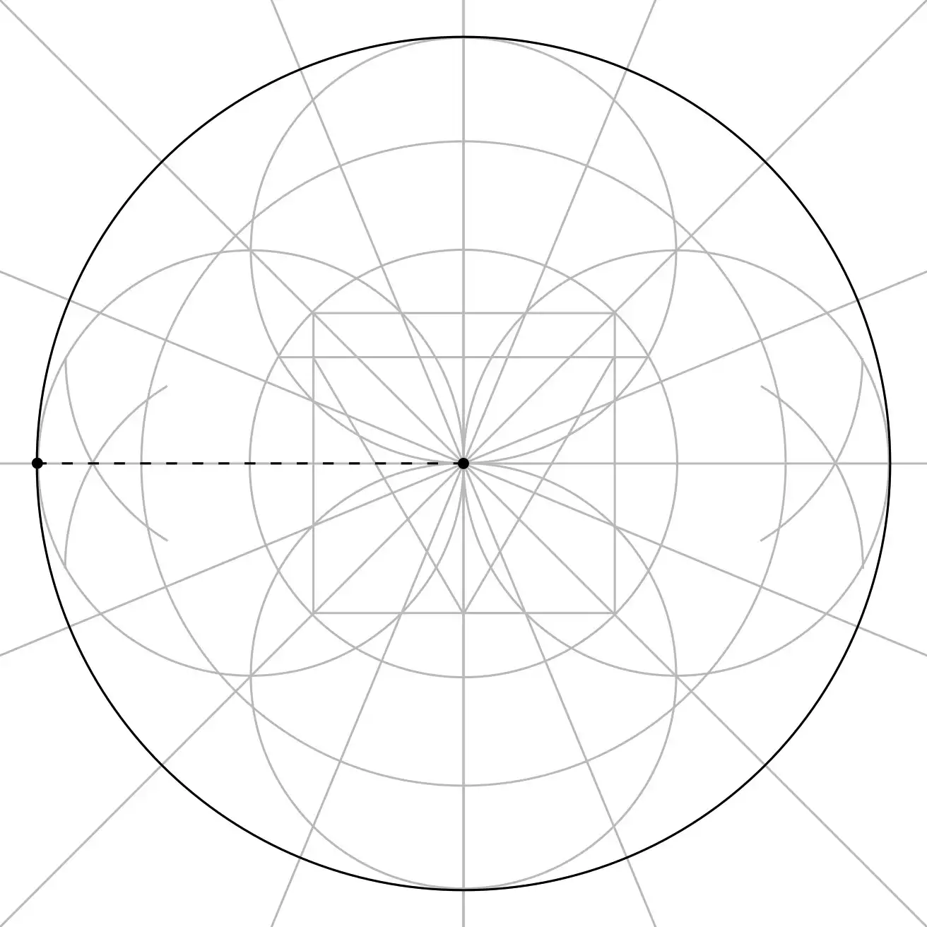 A larger outer circle drawn around the construction