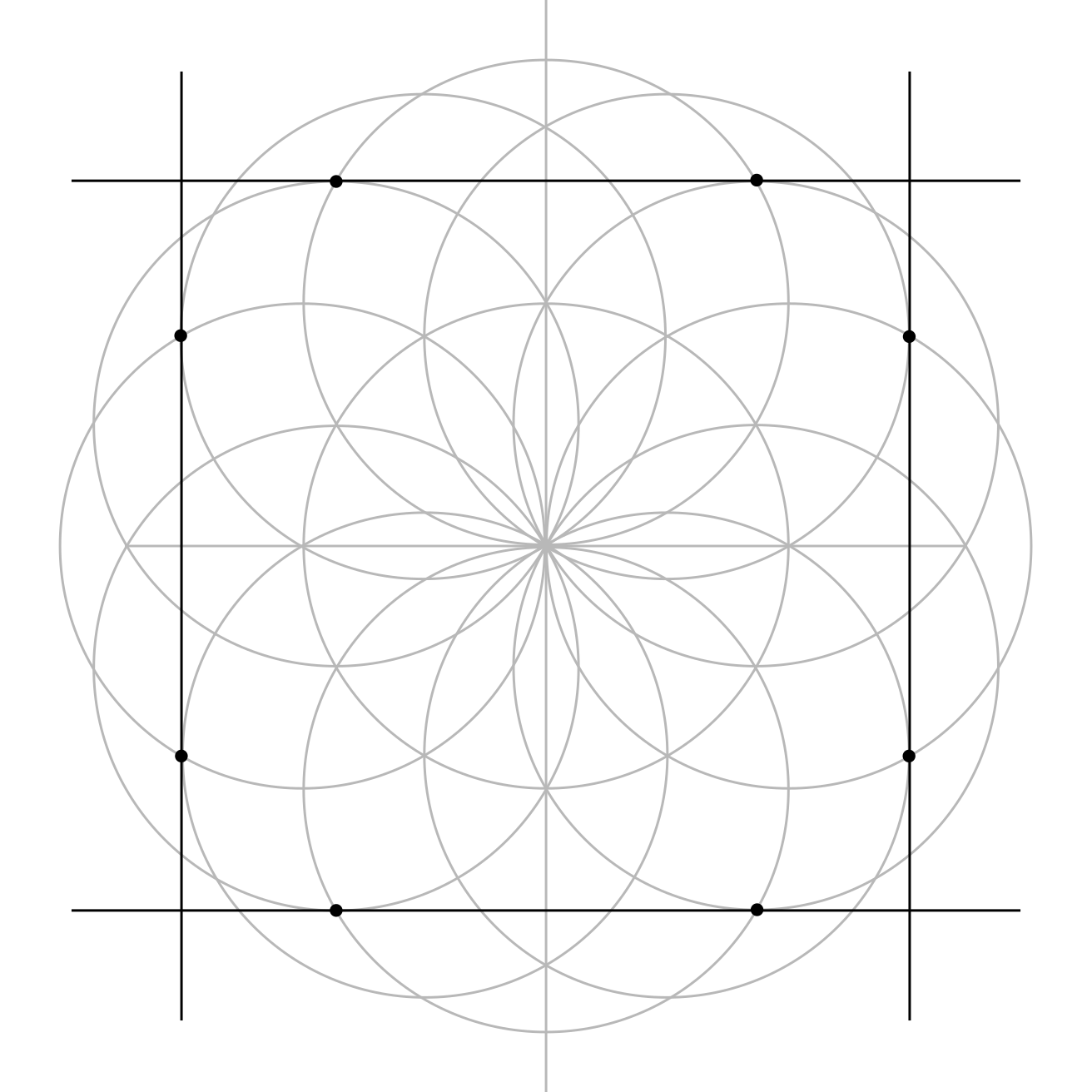 The outer square guide lines drawn through marked intersections