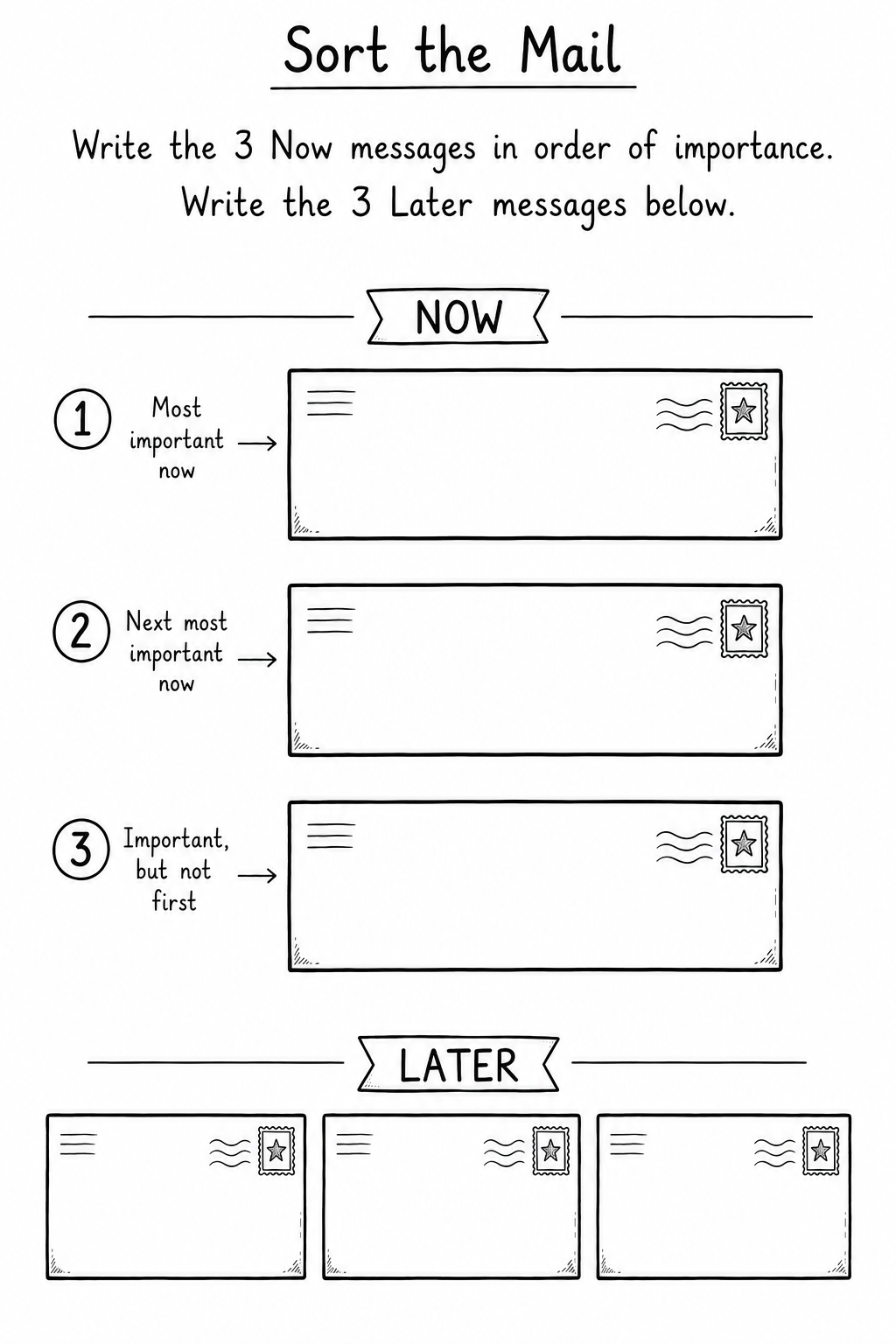 Numbered spaces for arranging now messages and later messages