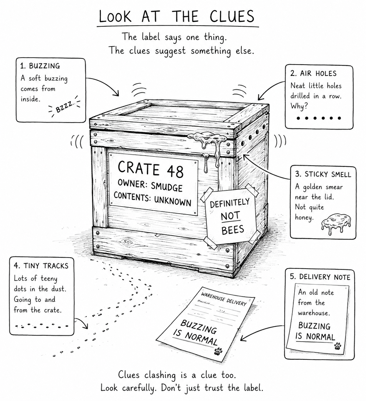Observation clues from the Definitely Not Bees crate