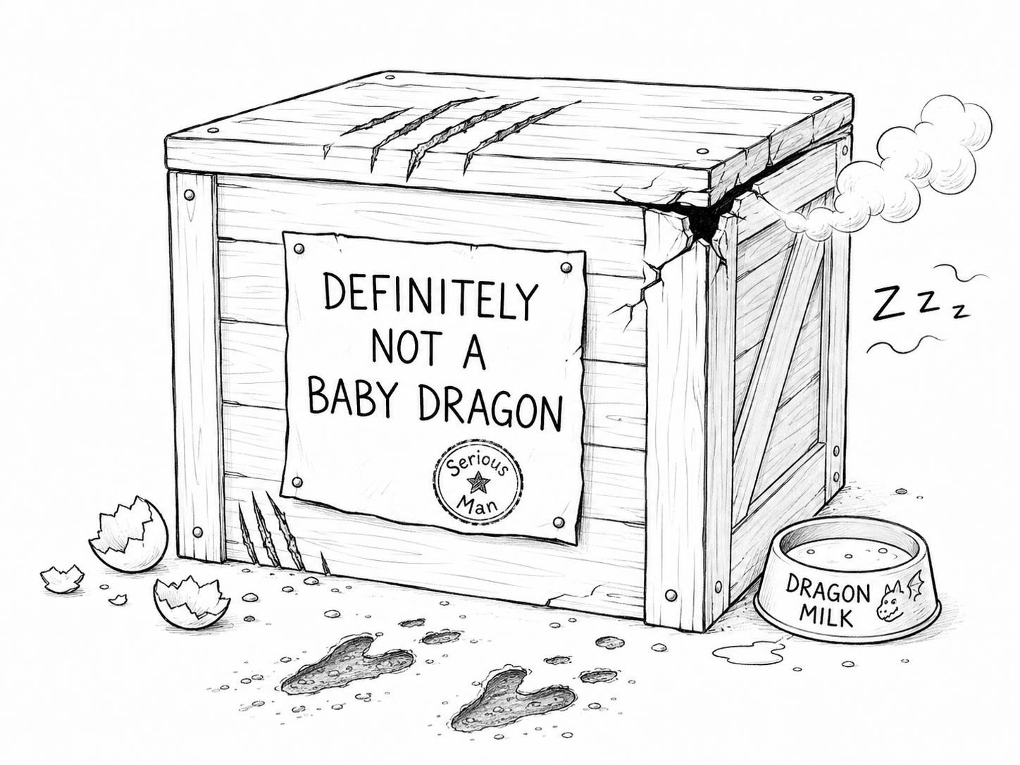 A warm crate labelled Definitely Not a Baby Dragon with clues to inspect