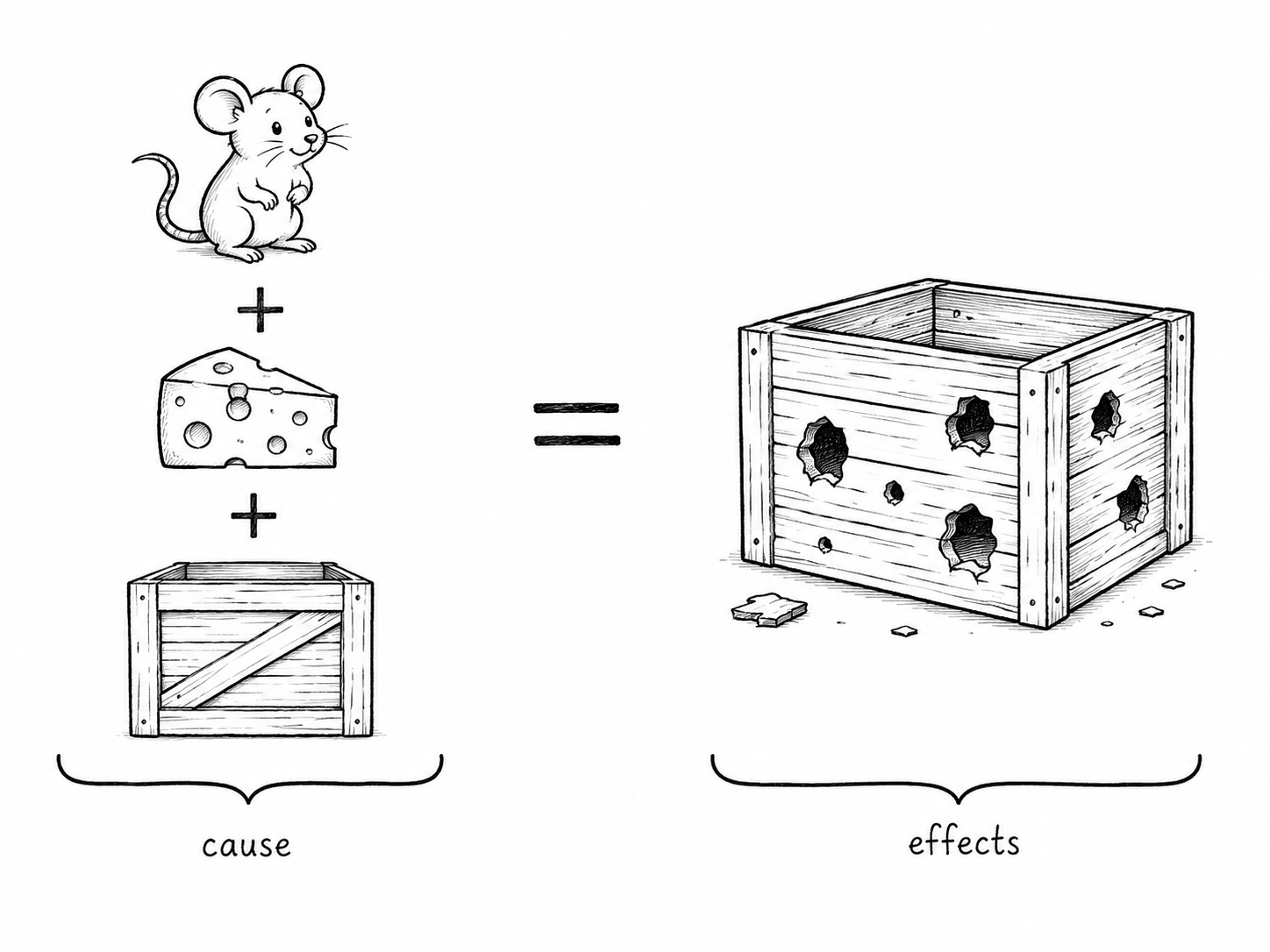 Cause and effect shown through a mouse making holes in cheese crates