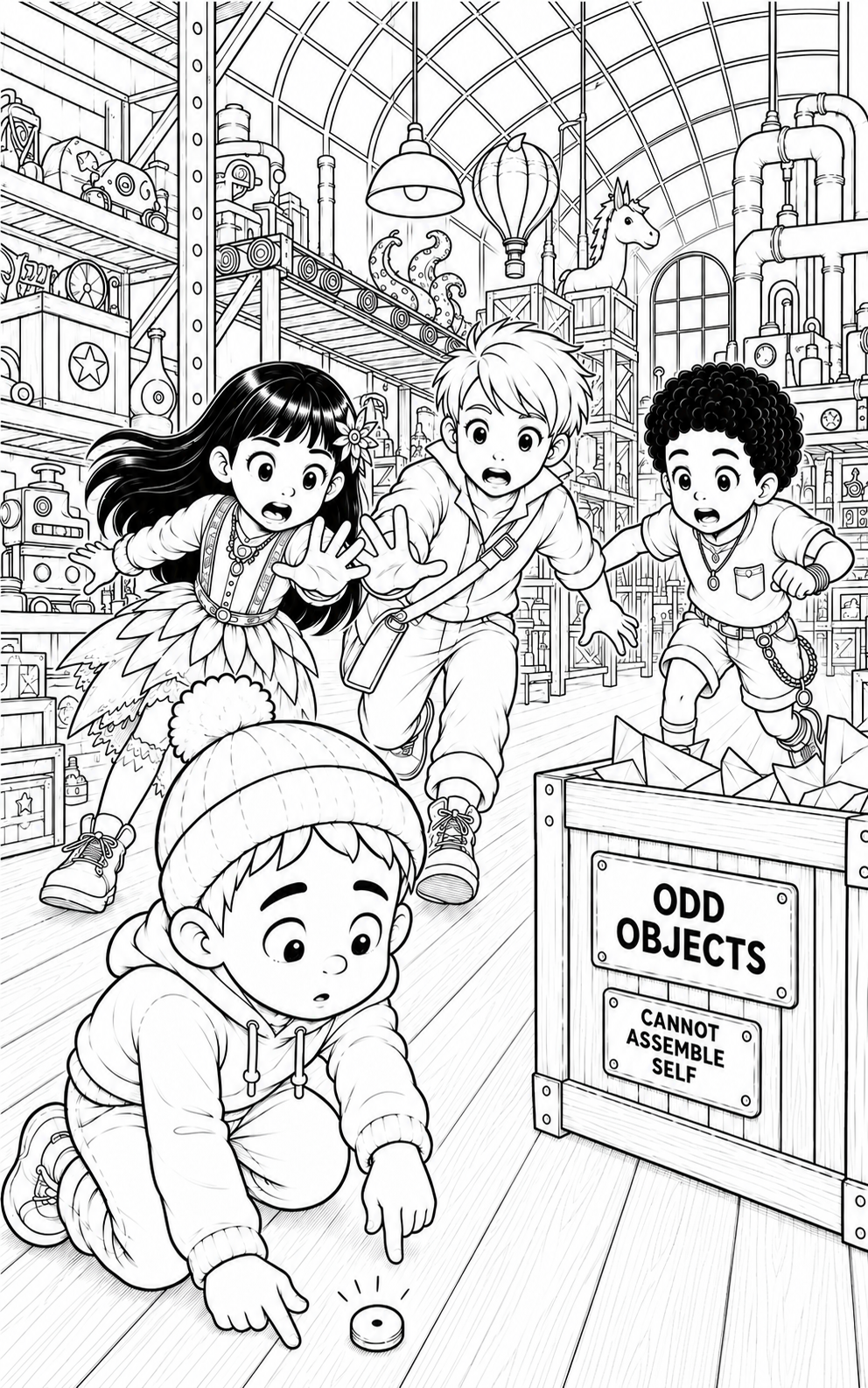 A crate full of odd objects and a lonely blue-dot button