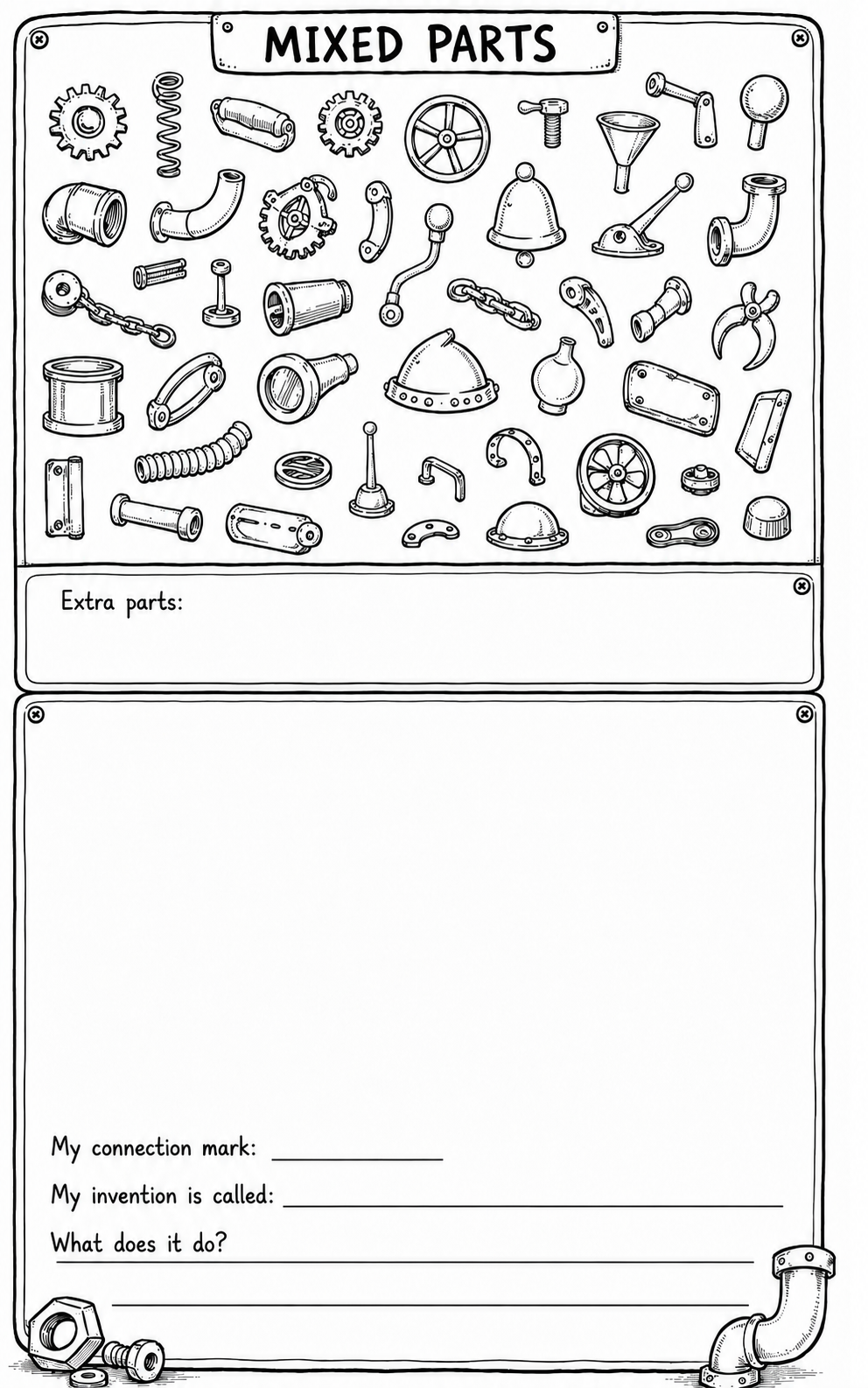 Loose invention parts ready to be connected using a chosen mark
