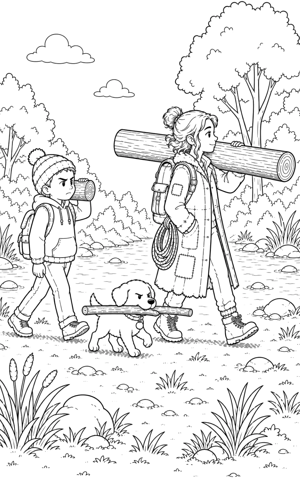 Smudge, Tether and Biscuit carrying logs together